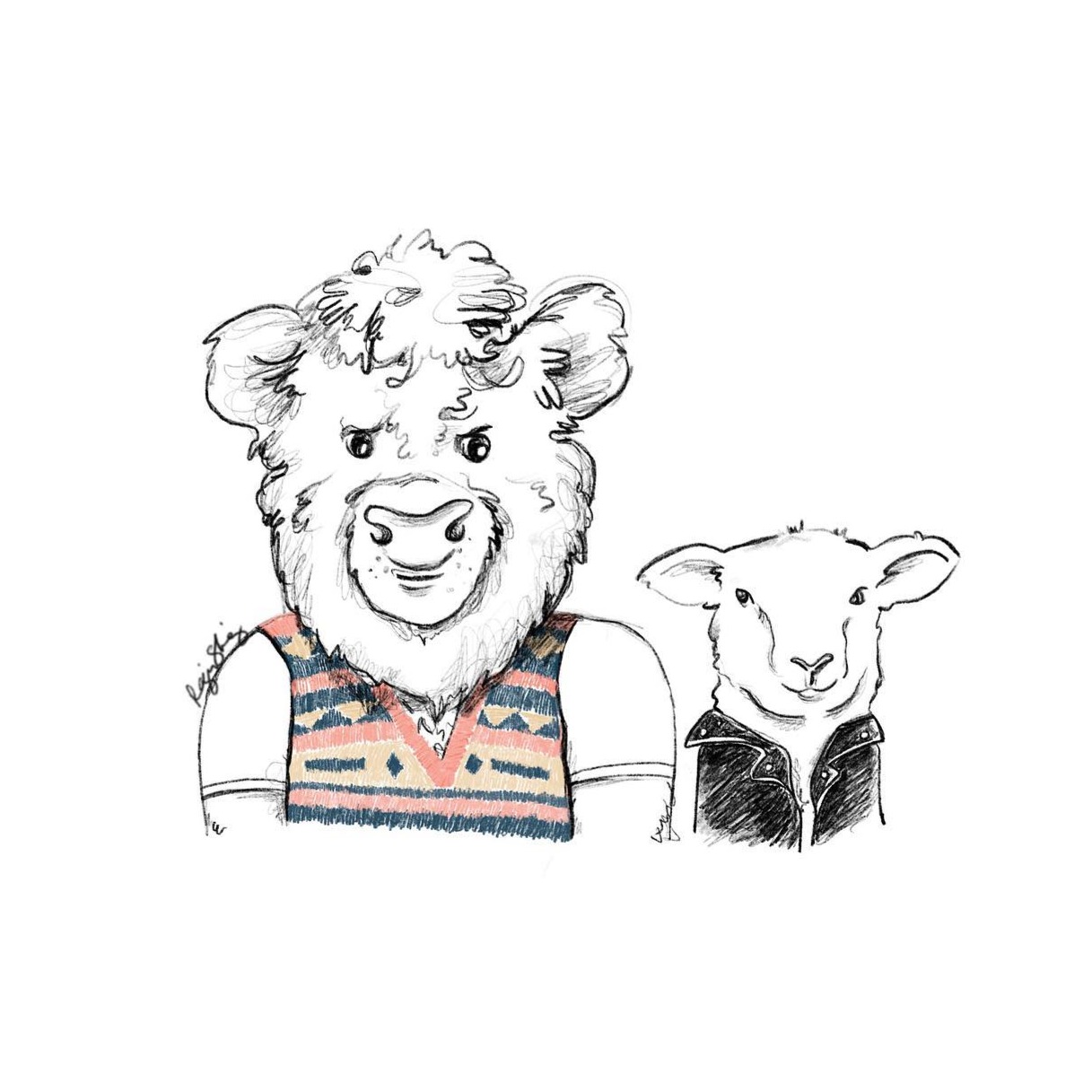 A bear in a knit vest beside a small sheep in a leather jacket
