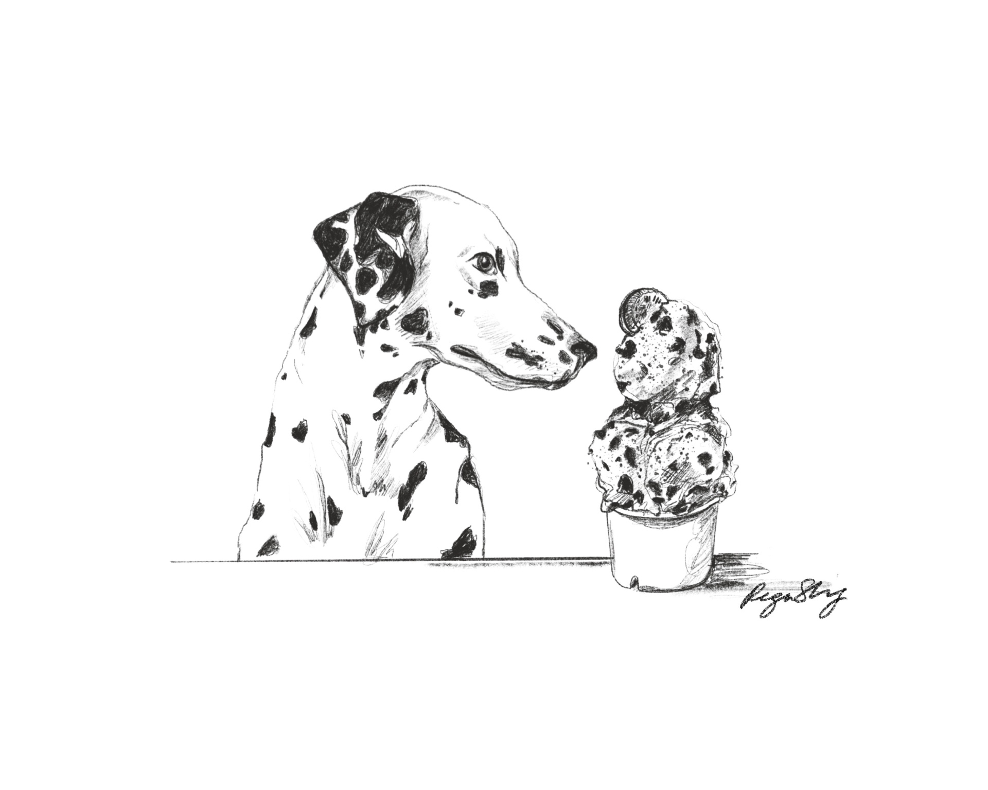 A dalmatian eyeing a scoop of cookies-and-cream ice cream
