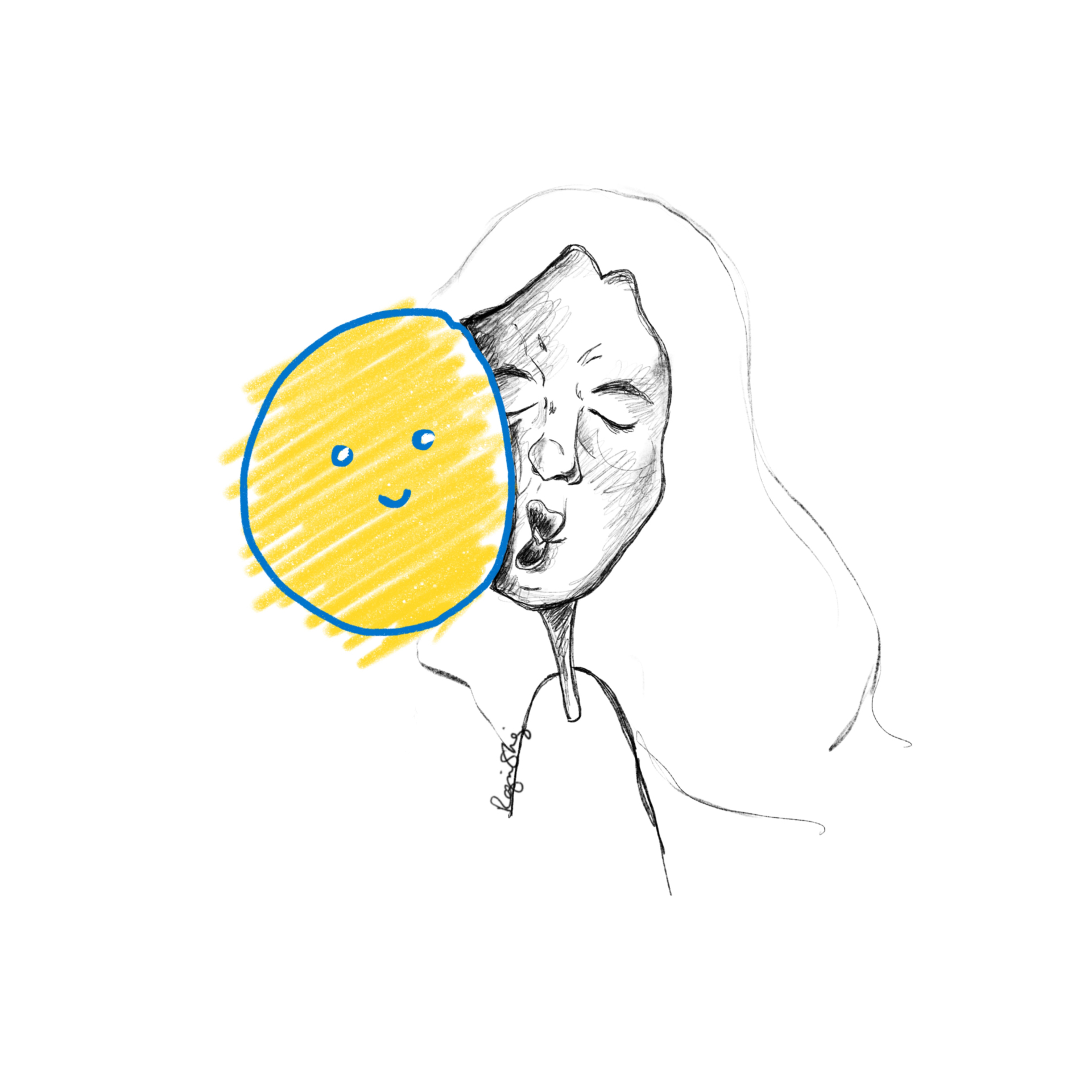 Pencil self-portrait with a bright yellow sun warming the cheek
