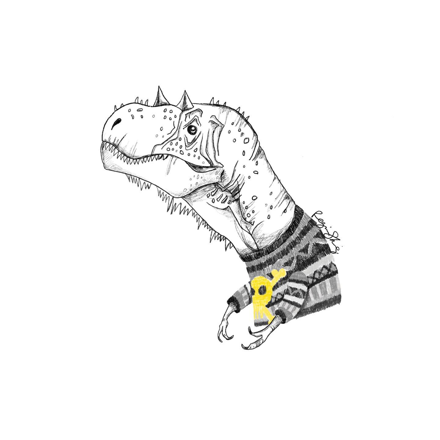T-Rex wearing a patterned knit sweater with a small figure for scale