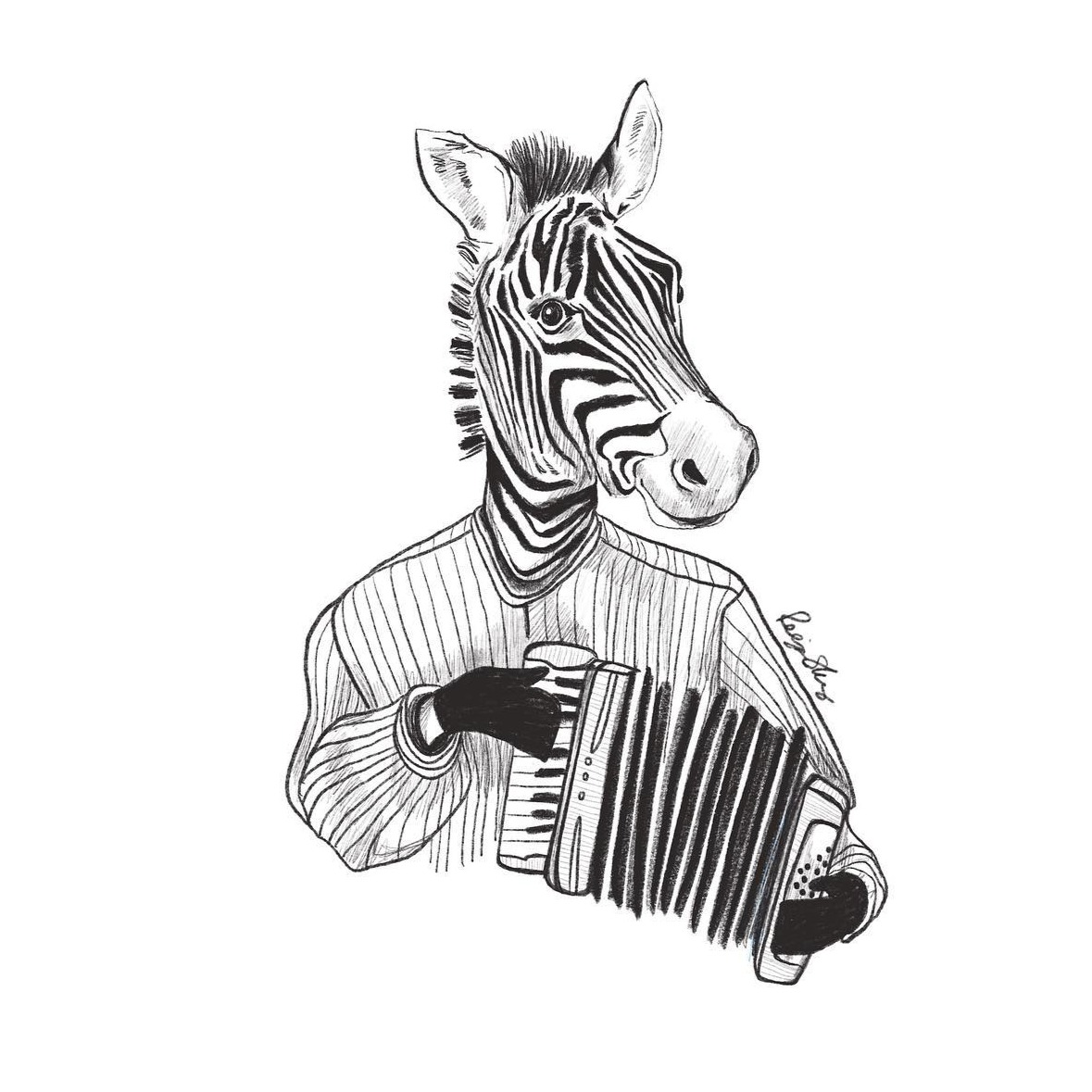 Zebra in a pinstripe shirt playing an accordion
